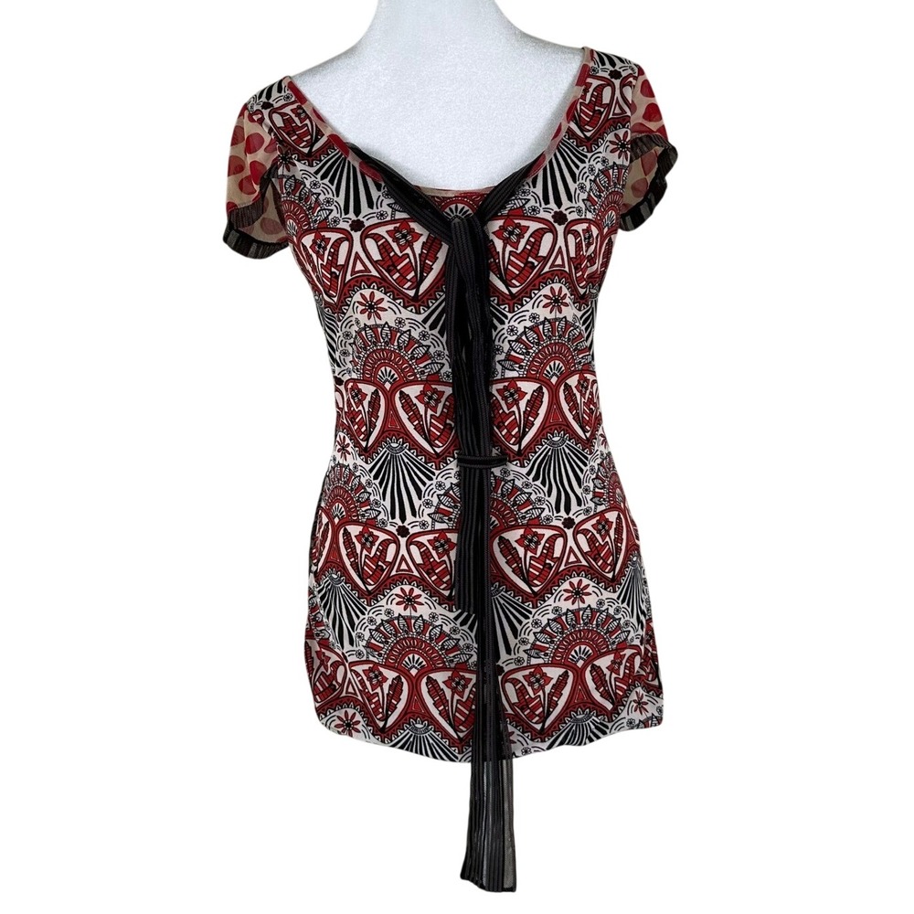ANAC Top Women S Red Mesh Abstract Polka Dot Y2K Boho Tribal Print Retro Indie